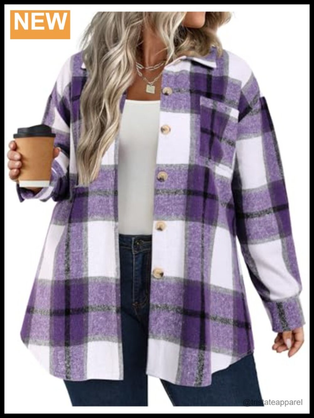 Womens Plus Size Plaid Shacket Long Sleeve Button Front Casual Jacket Coat